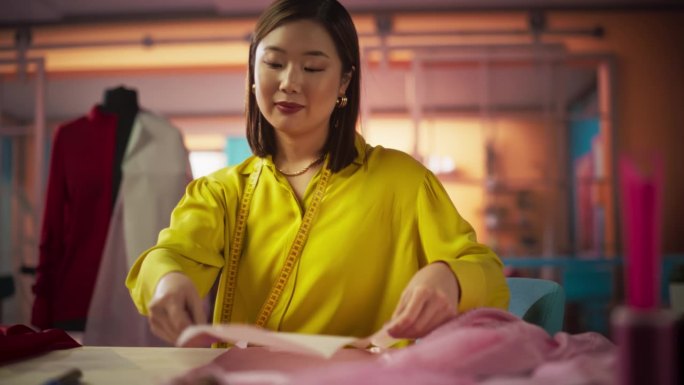 美丽的亚洲时装设计师在面料上布置模板并开始创作她的作品。她在一个充满各种衣服和织物的浅色工作室里工作
