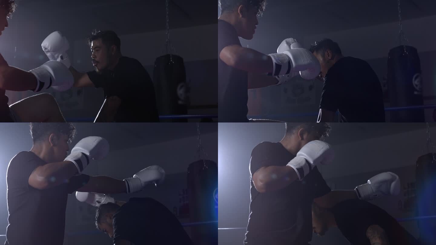 两名拳手在拳击场内以800帧/秒的速度进行超级慢动作格斗。战士在闪避拳脚的同时猛击对手