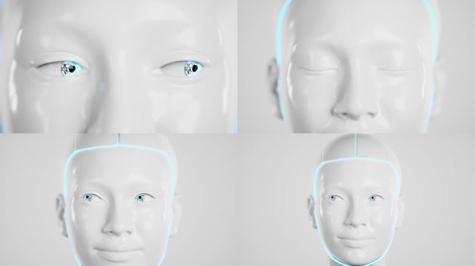 人形机器人近距离的眼睛。未来的技术。三维动画
