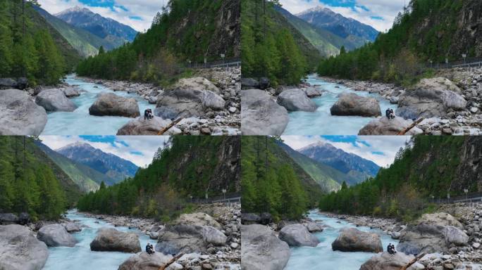 4K航拍情侣在西藏察隅桑曲河相互依靠