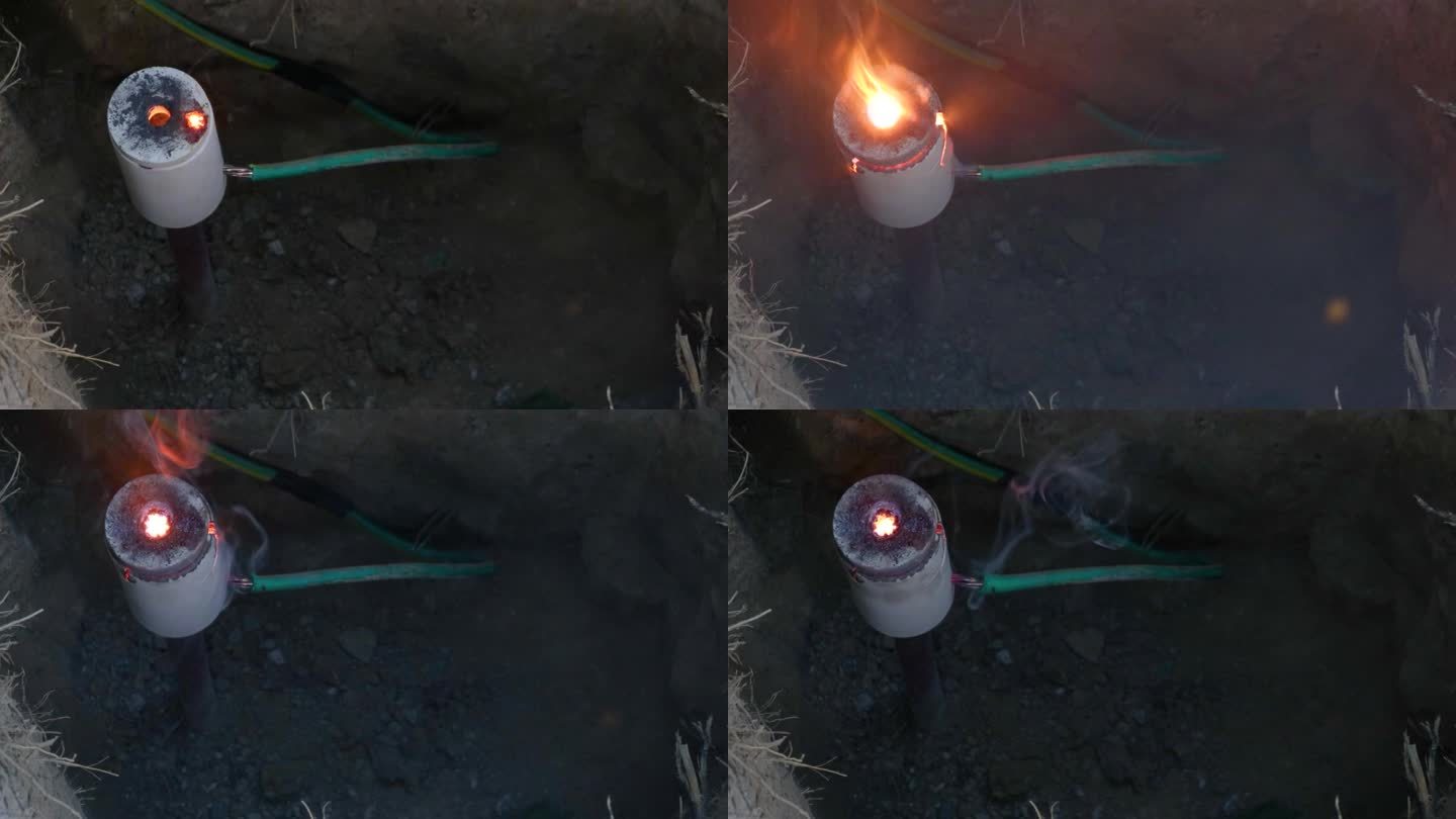接地系统采用铜线与埋在地下的铜棒连接，采用热焊法。做好电力系统接地。焊丝在地面上。电气系统安全。