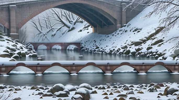 冬天景色 桥梁 河流