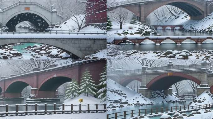 冬天景色 桥梁 河流