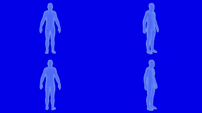 男性线框透明推背景人体皮肤身体头部双手DNA螺旋模型原子生物识别扫描人体数据信息图。识别技术展示医学