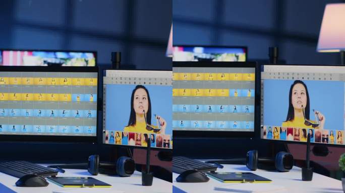 垂直视频媒体公司创意办公室，多显示器用于图像的后期处理修饰