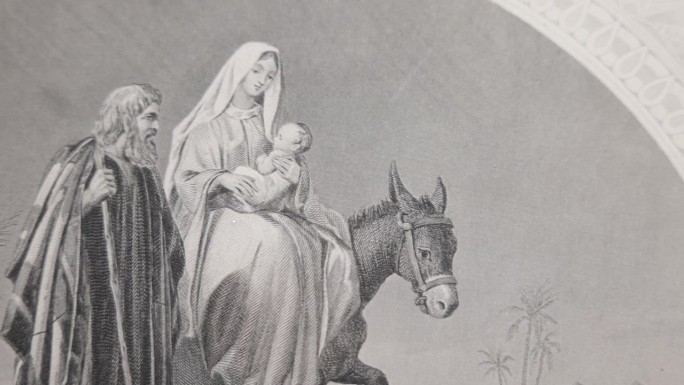 玛丽和约瑟夫与耶稣一起逃往埃及的古董插图