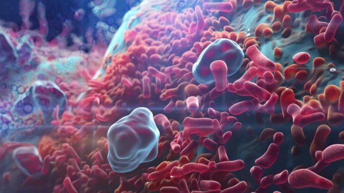 一个引人注目的科学可视化描绘了人类肠道内密集的微生物战场。红色的耐多药大肠杆菌菌株