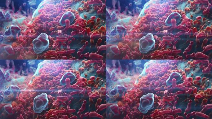 一个引人注目的科学可视化描绘了人类肠道内密集的微生物战场。红色的耐多药大肠杆菌菌株