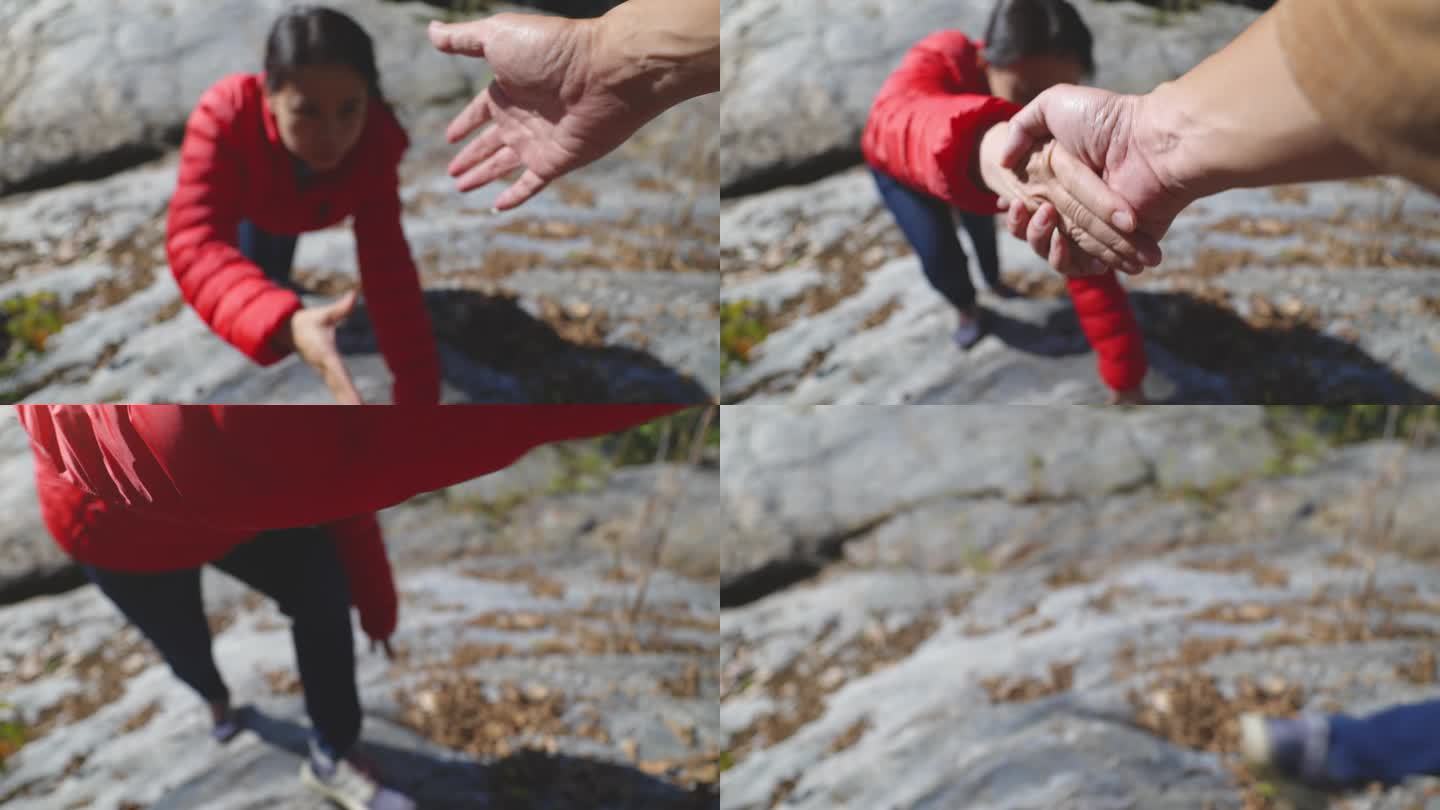 徒步旅行者迷人的女人背着背包在山上徒步旅行，周围都是令人惊叹的风景