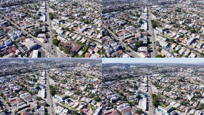 美国洛杉矶，在炎热的晴天，城市中心的鸟瞰图，街道交通和建筑物