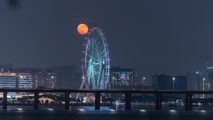 【正版原创】圆月月升摩天轮夜景延时