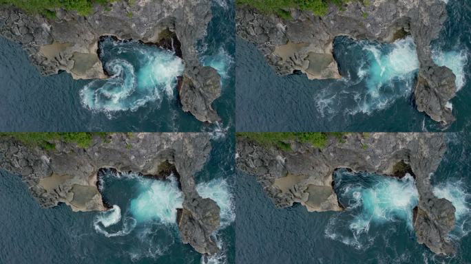蔚蓝海浪、高山海岸海景鸟瞰图在洛基岛海滨的大西洋自然中旅行。上面拍摄的全景海岸与野生泻湖和海洋天气