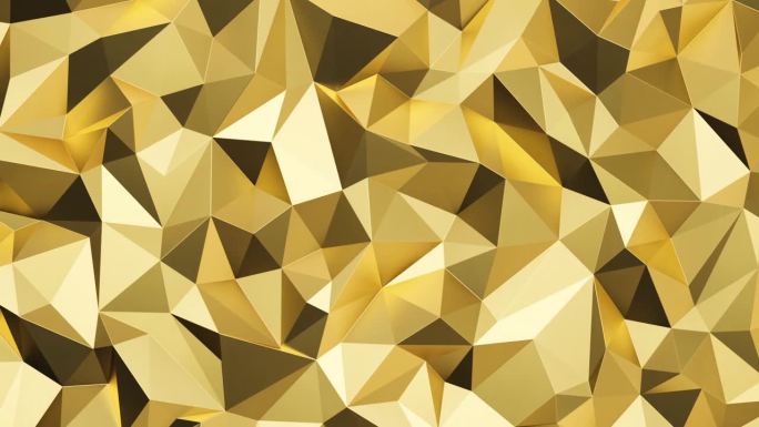 抽象多边形几何表面。动画的三维三角形网格，黄铜或金色纹理。