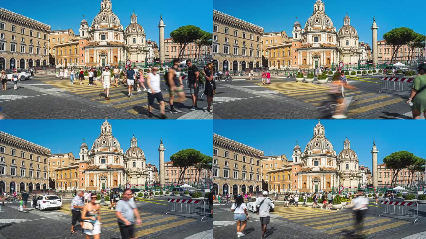 意大利中部的罗马，夏天，拥挤的游客在圣玛丽亚教堂和罗马凯旋门图拉真圆柱上行走和穿过街道，交通堵塞