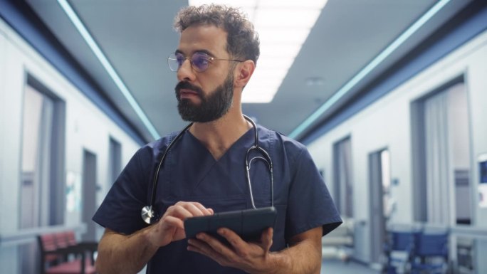 医院病房:快乐护士、医生、外科医生使用数字平板电脑进行医疗保健。男性专业人员在现代化诊所工作，设备先