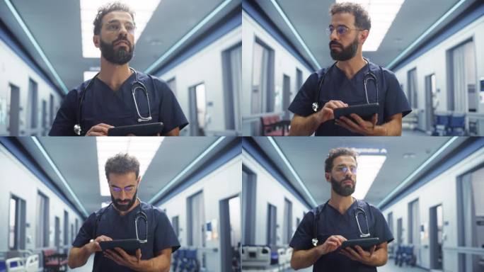 医院病房:快乐护士、医生、外科医生使用数字平板电脑进行医疗保健。男性专业人员在现代化诊所工作，设备先
