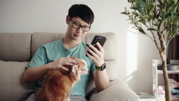 在家放松，男人坐在沙发上玩手机。宠物和远程工作者坐在沙发上玩科技