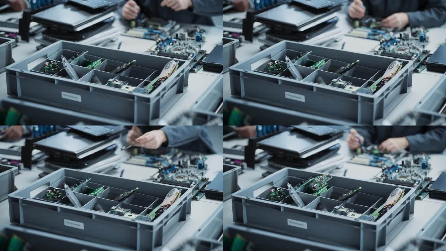 电子工厂工人正在拆卸的旧笔记本电脑主板的特写镜头。用于生产现代微芯片的计算机部件的回收过程。