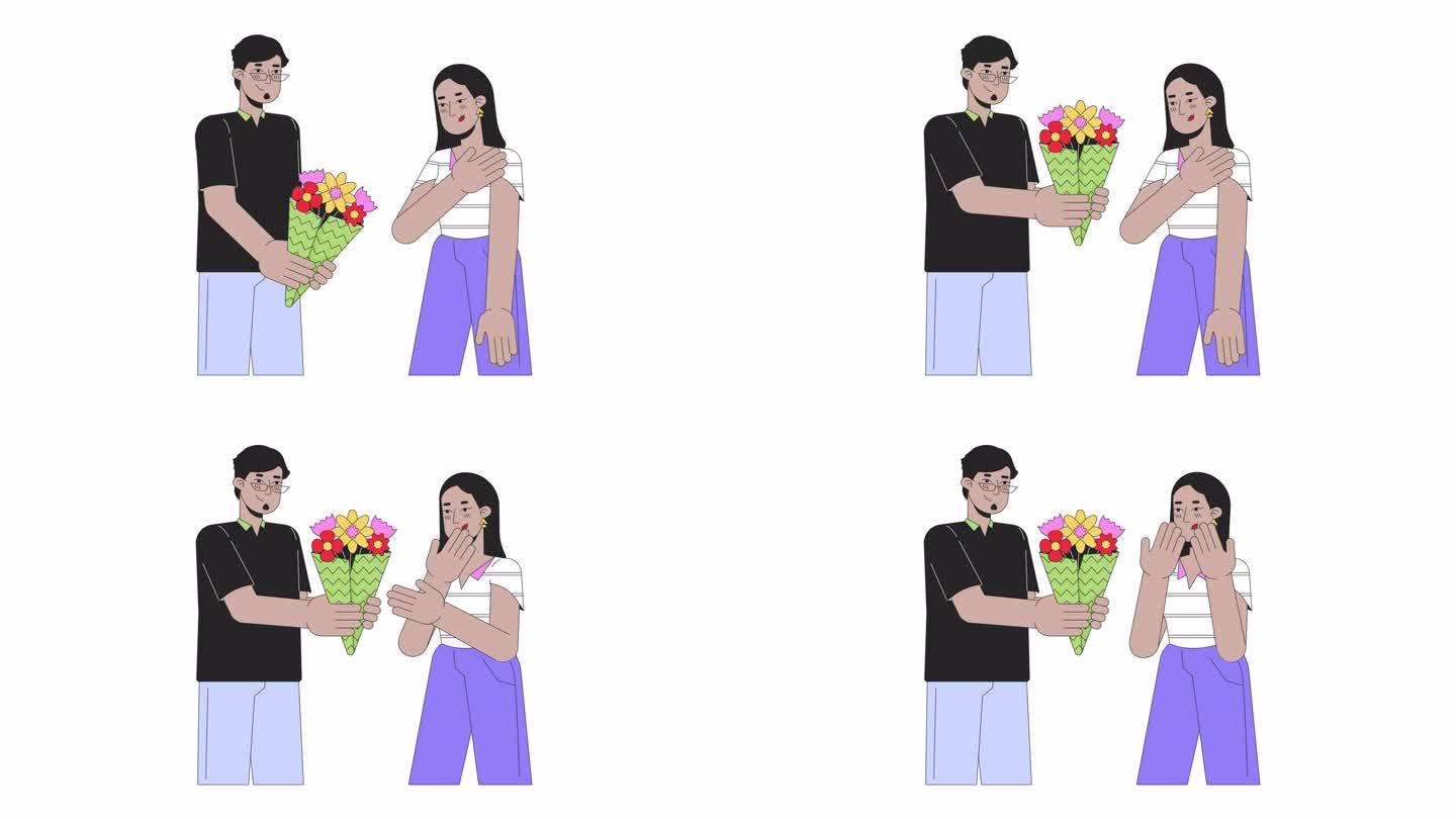 男友给女友送花束线卡通动画