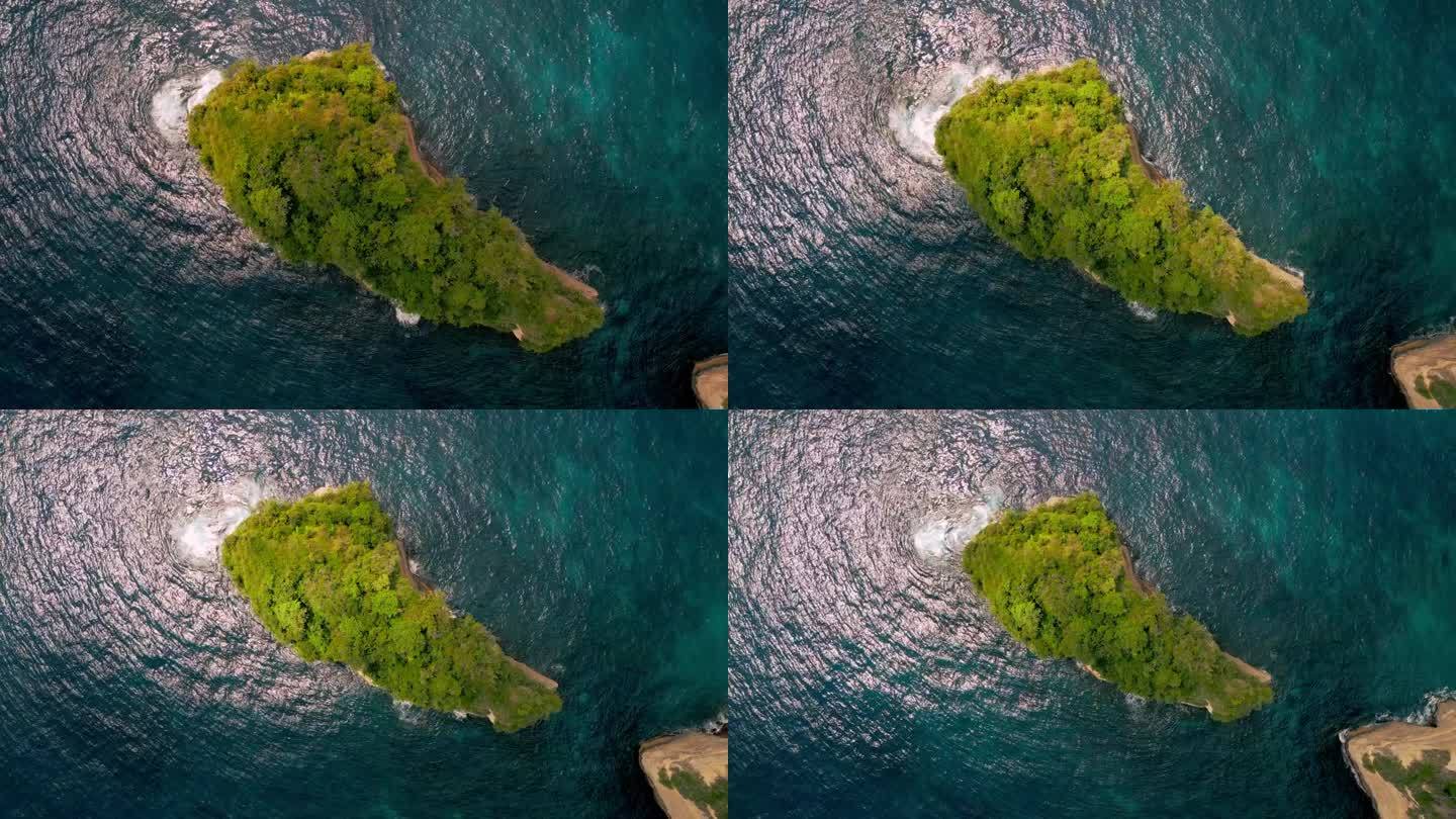 蓝水山海岸海景鸟瞰图。在洛基岛海滨的大西洋自然中旅行。上面拍摄的大海岸珊瑚礁与野生森林和惊人的海洋泻