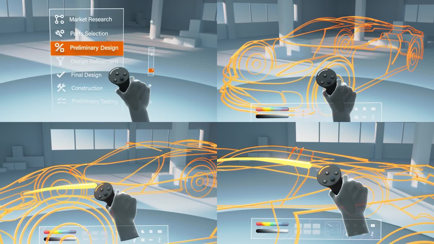 汽车造型师在数字VR软件工作。工业设计师创造了一个橙色的金属线框架结构，运用他的技术知识来构建一个现