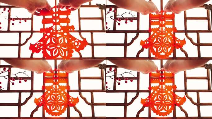 剪纸贴窗花传统文化春节年味素材