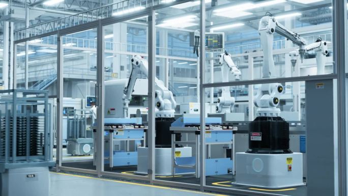 电子元件制造:未来设施中的自动化机械臂装配线，移动机器人为信息技术业务生产先进的高科技可持续部件