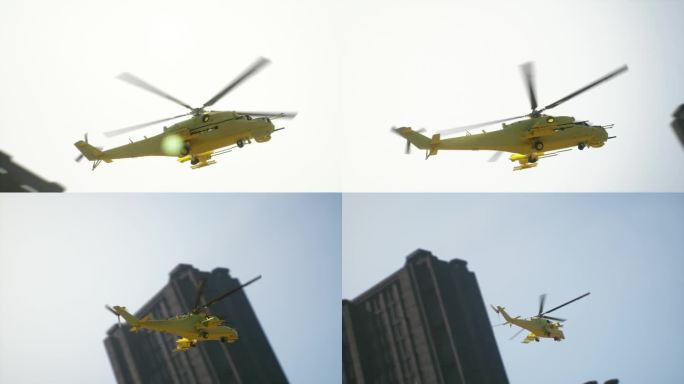 黄色直升机在城市救援行动中。三维动画