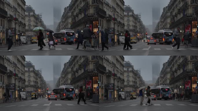 行人和通勤者在雷恩街行走和过马路的实时镜头，可以看到法国巴黎的蒙帕纳斯大厦