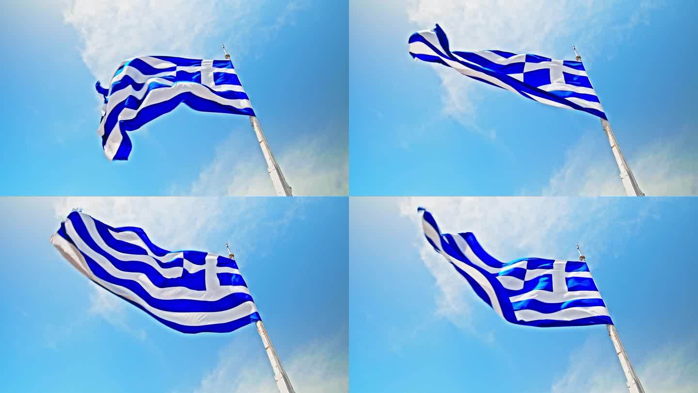 雅典，蓝天背景上国旗的九个蓝白相间的横条纹。