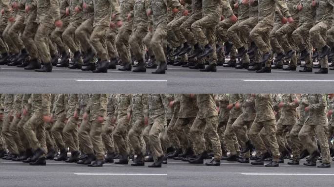 阅兵式上的军队行进。像素制服。士兵的腿。战争的背景。靴子部队和步兵。士兵们。军队游行。后卫的球队。大
