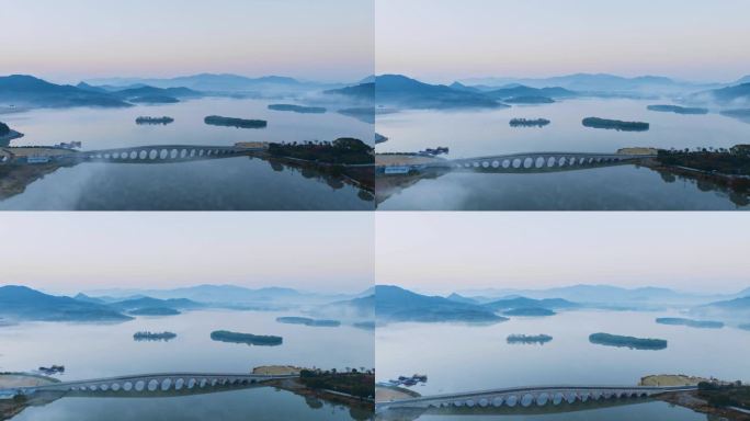 中国风山水画江南意蕴湖面雾气氤氲晨雾飘飘