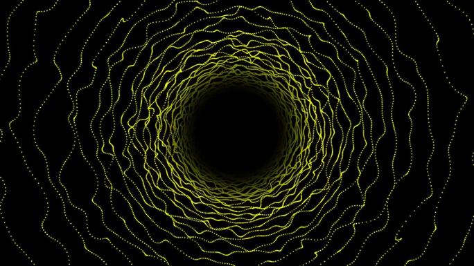 高科技的小移动粒子在黑色背景上形成科幻隧道，缓慢移动的科幻隧道粒子