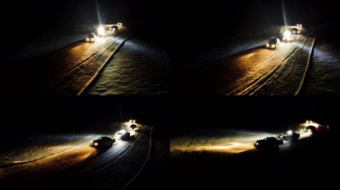 冬季漂移比赛在雪上赛道夜间，led灯照明