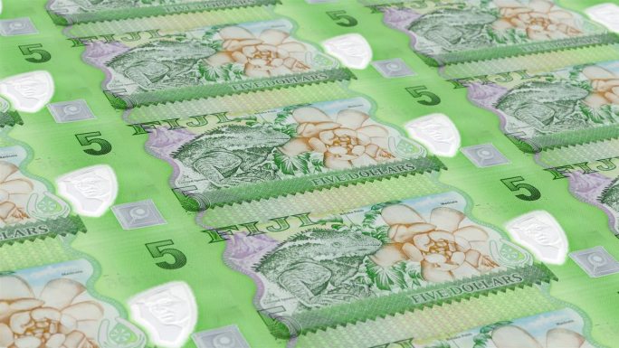 斐济5元钞票印钞厂，印刷5元钞票，印刷机印刷出斐济元，由货币印刷机印刷5元钞票观察和储备面-无缝循环