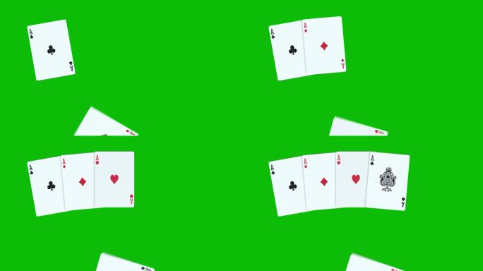 一款由四张A牌组成的扑克手牌，在绿屏上有一张一张扔牌的3D动画，扑克动画，发牌动画。赢牌组合