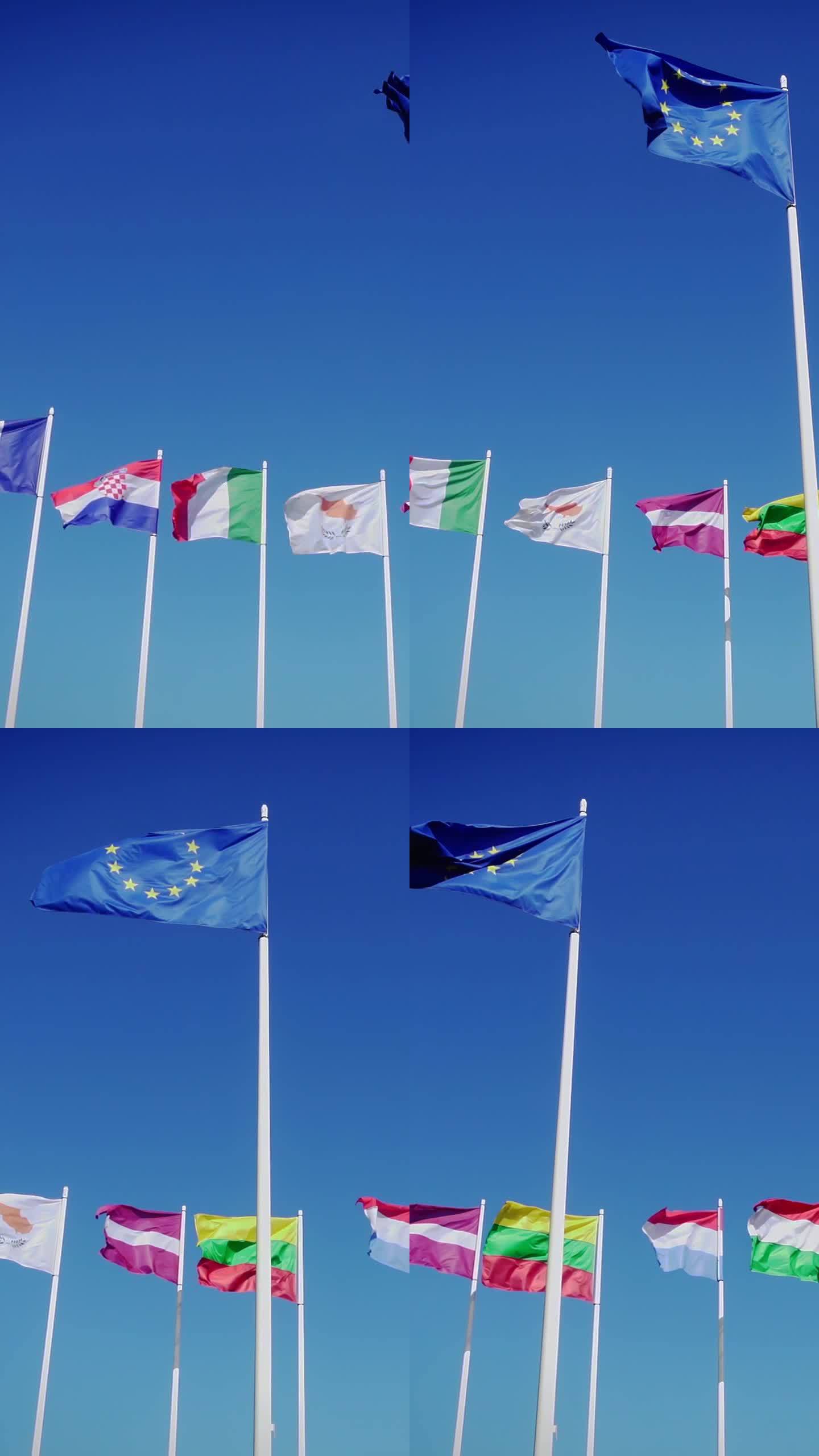蔚蓝的天空映衬着欧盟和各国的旗帜