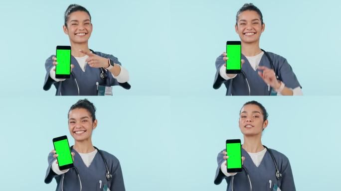 快乐的女人，医生，指着手机，绿屏上的广告模型，背景是工作室。女性或护士的肖像显示移动智能手机应用程序