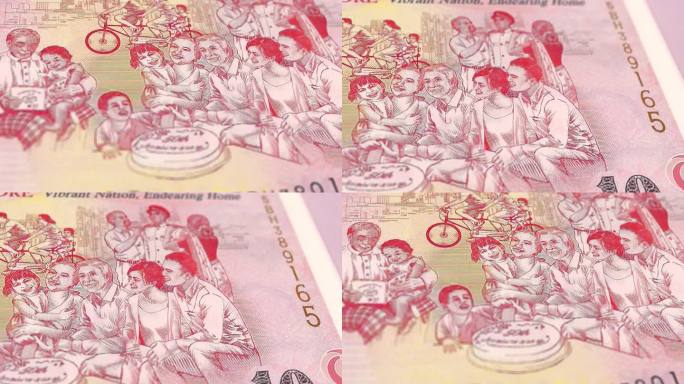 新加坡10元钞票，新加坡10元钞票，新加坡元的特写和宏观视角，跟踪和多利拍摄10元钞票观察和储备面，