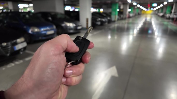 手持遥控车钥匙的人走向车库里的车。