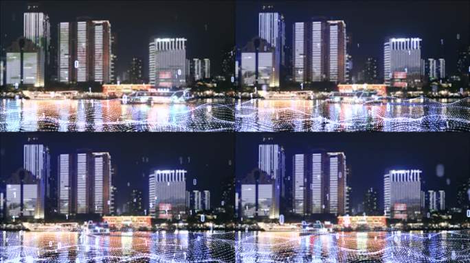 科技广州之夜大湖湖面波浪浪花高楼大厦