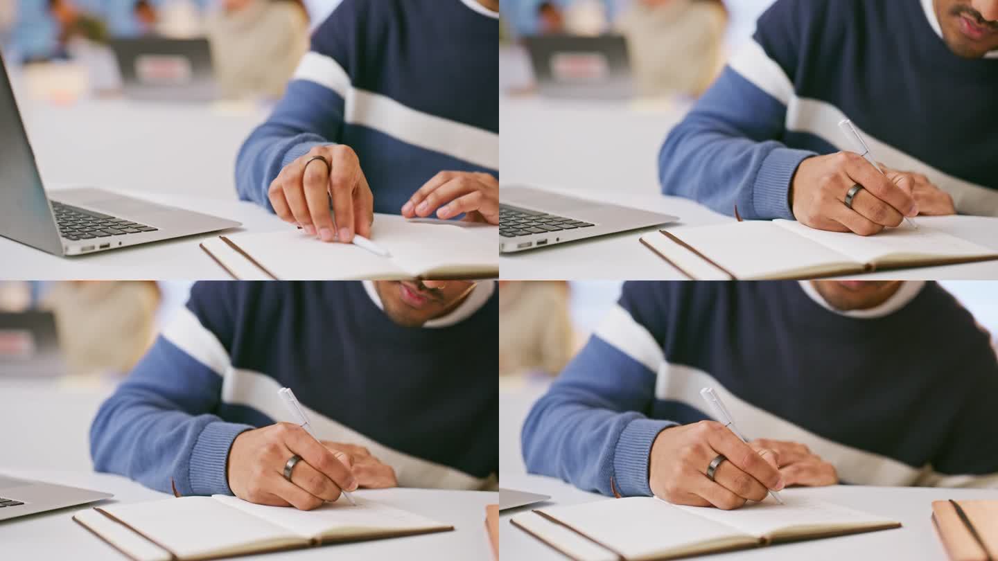 手，打字和学生在笔记本电脑或笔记本上写笔记，以提醒信息，知识或学习。大学，工作和在图书馆电脑上审阅，