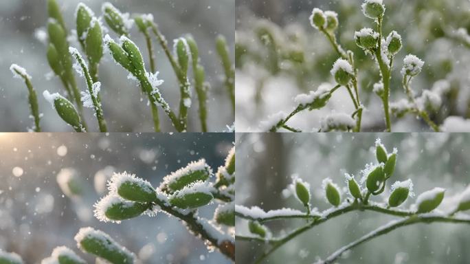 雪花飘落在嫩芽上 冬天自然空镜