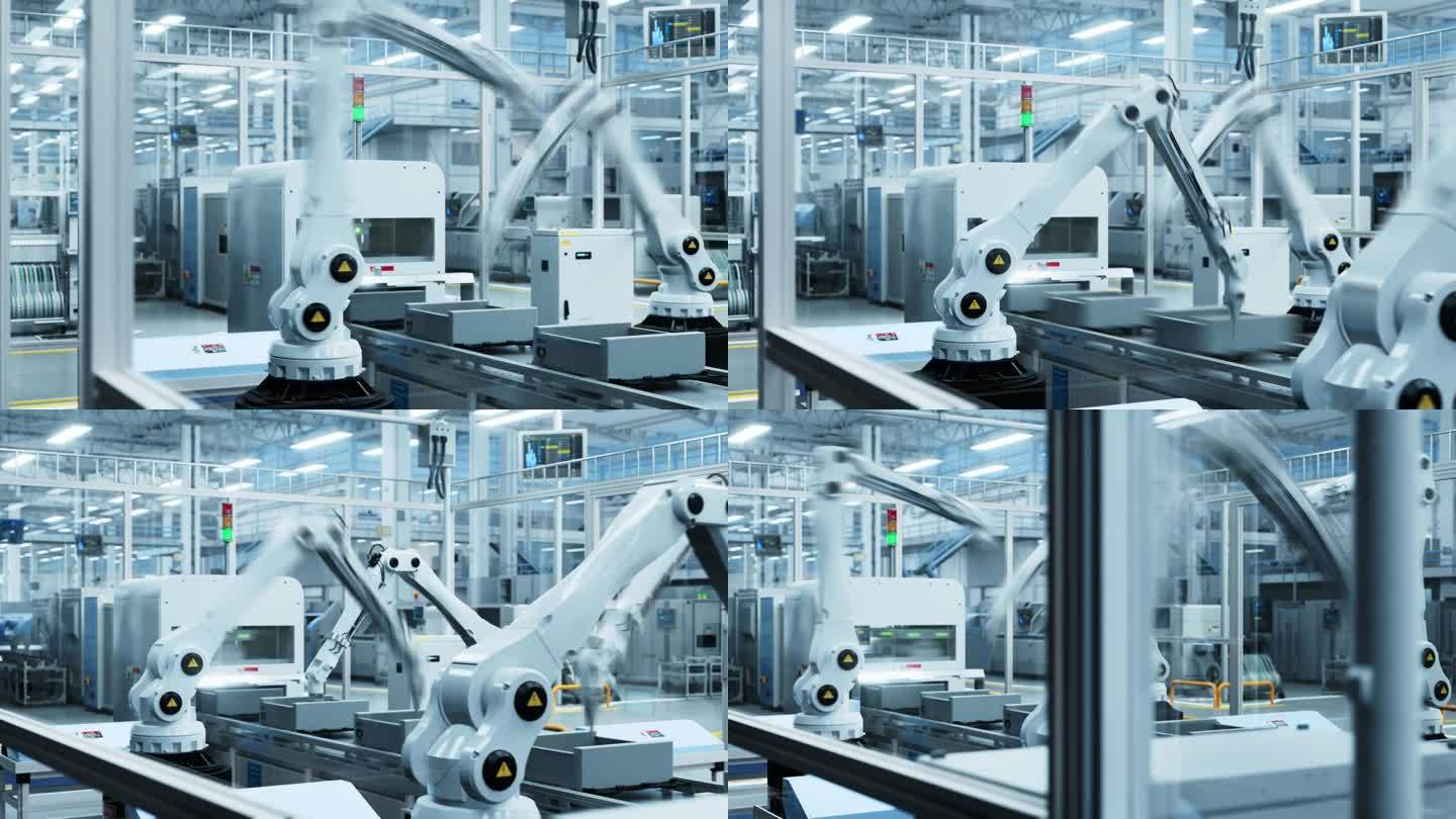 电子元件制造工厂:自动化机械臂装配线，为建筑行业、重型机械、信息技术生产先进的高科技可持续部件
