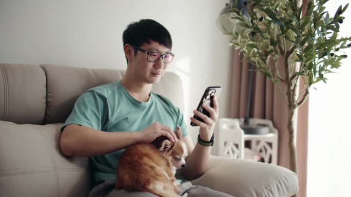 在家放松，男人坐在沙发上玩手机。宠物和远程工作者坐在沙发上玩科技