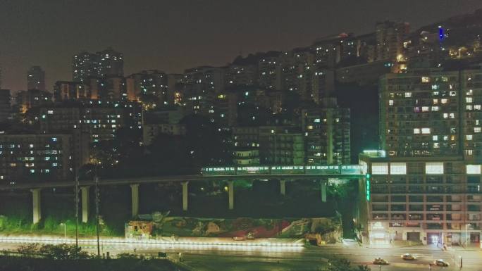 航拍中国重庆嘉陵江边李子坝站夜景