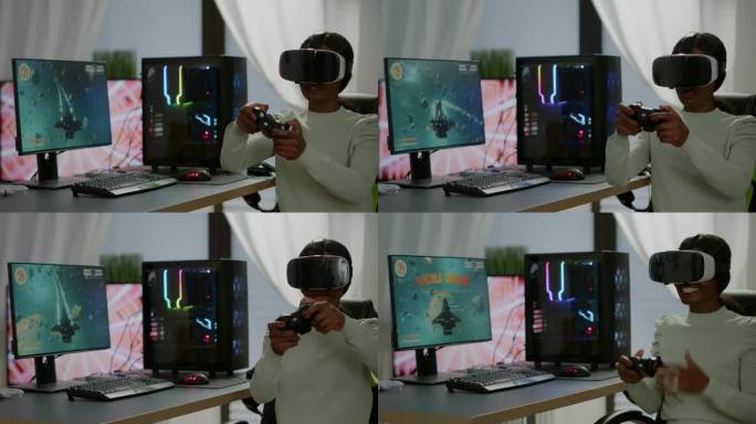 黑人电子游戏玩家女性通过虚拟现实赢得太空射击游戏