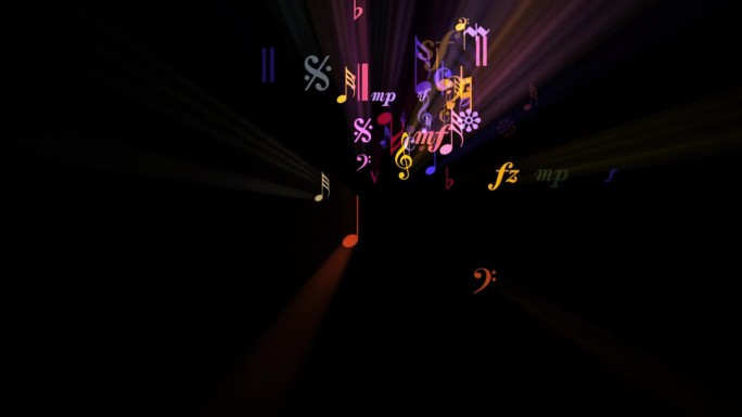 彩色音乐幻想音符在光线-飞行循环