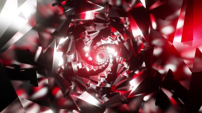 螺旋红色几何漩涡与闪亮的高光3d渲染。旅行通过时间漩涡vj循环，dj舞蹈舞台背景迪斯科俱乐部，餐厅，