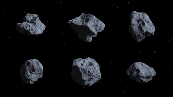 在恒星背景下旋转的陨石。逼真的动画六个不同的石头与alpha通道。